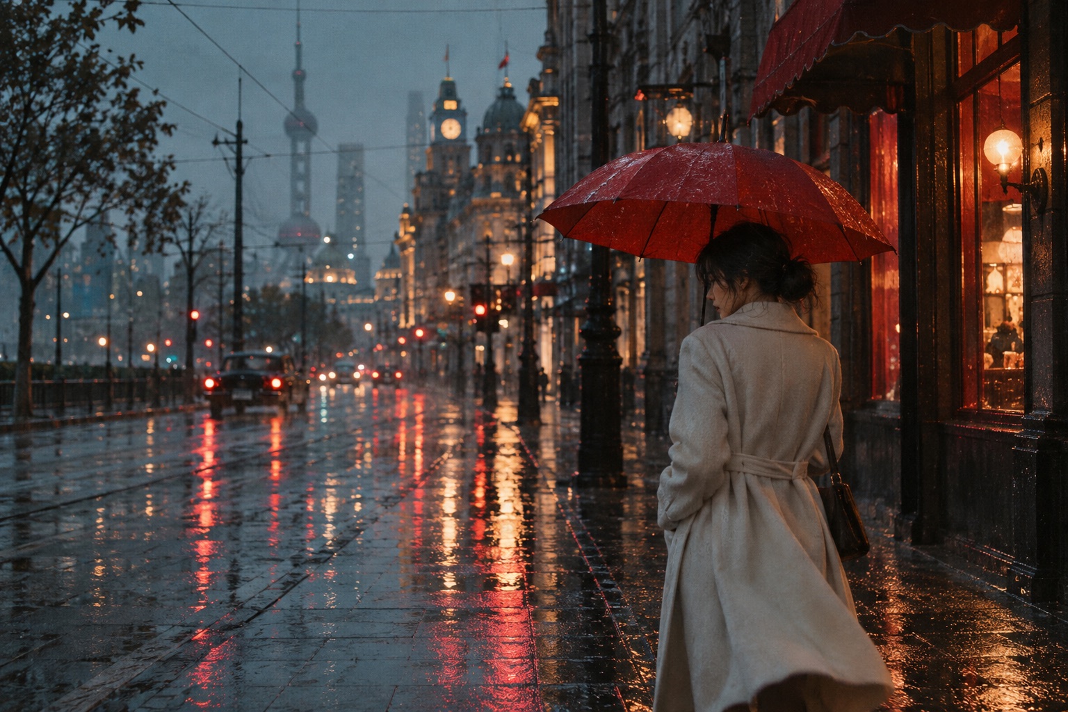 雨夜街头，一位撑红伞的行人。黄泡泡短剧原创品牌视觉。